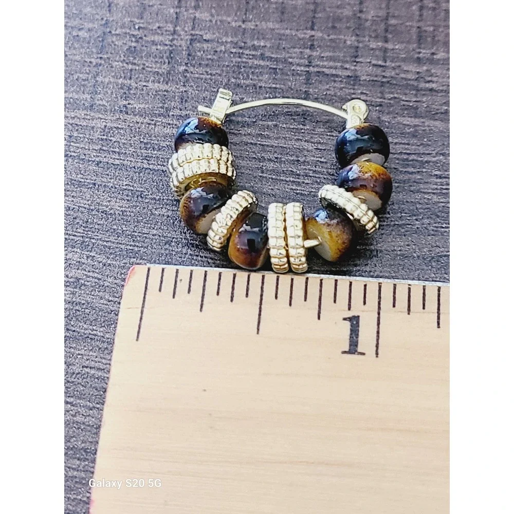 Gold Tone‎ Beaded Hoop Earrings Brown Amber Earth Tone Latch Back 1 Inch